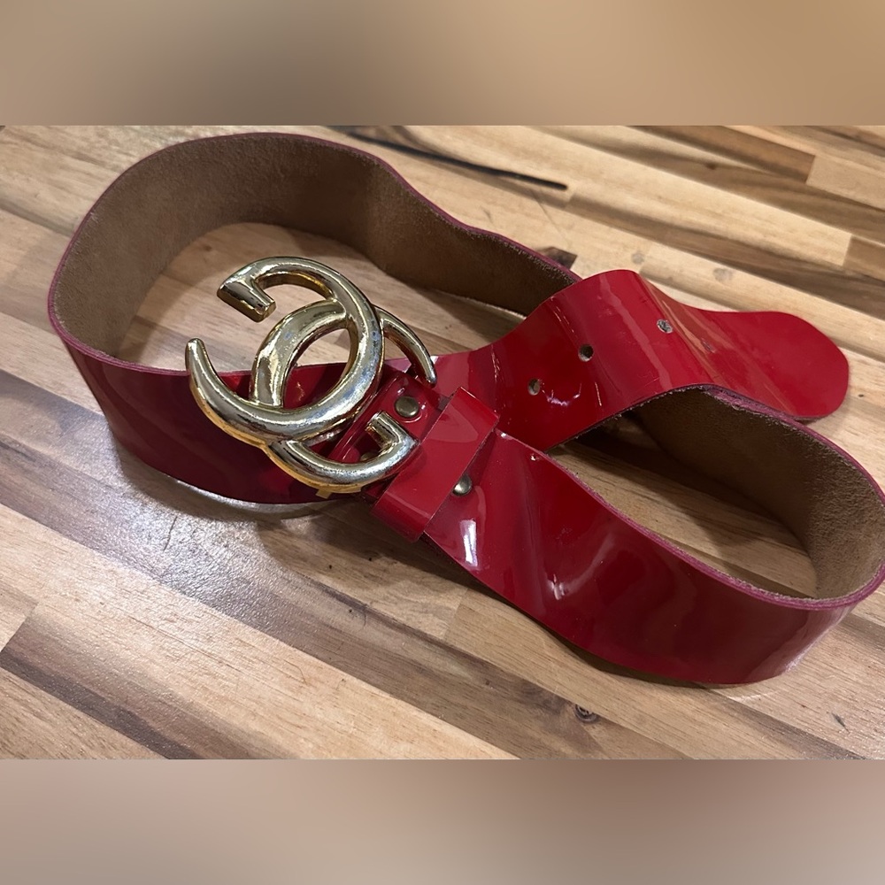 Vintage 1970s GUCCI RED PATENT Leather GG Buckle Wide Belt AS-IS 27-33” waist - Picture 4 of 14
